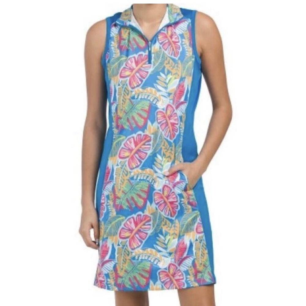 NEW Bermuda Sands Flora Peacock Blue Sleeveless Golf Tennis Dress Size Small